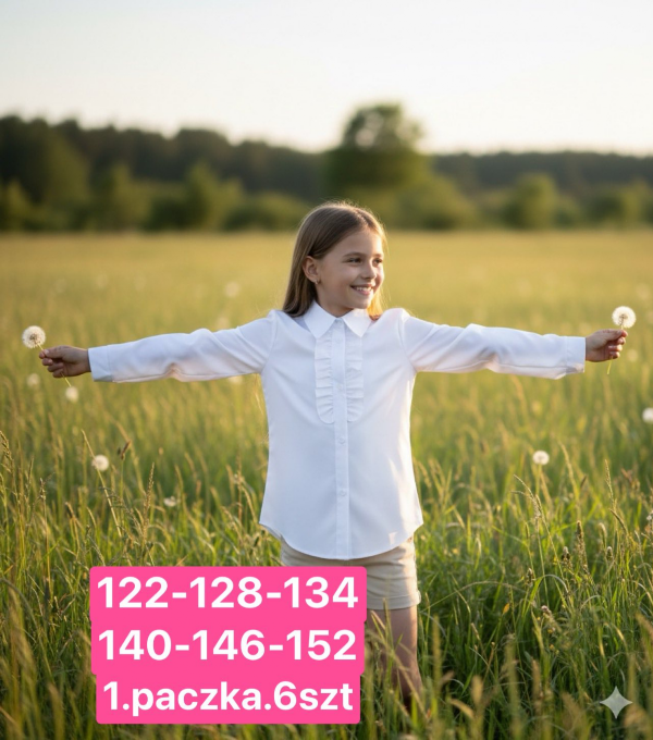 Koszule dziewczęce Roz 122-152, 1 kolor Paczka 6 szt